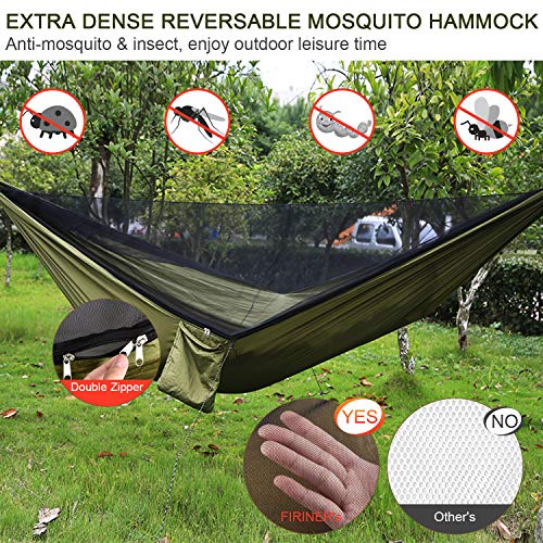 Firiner Camping Hammock With Rain Fly Tarp And Mosquito Net Tent Tree Straps, Portable Single Double Nylon Parachute Hammock Rainfly Set For Backpacking Hiking Travel Yard Outdoor Activities Green #TOP1