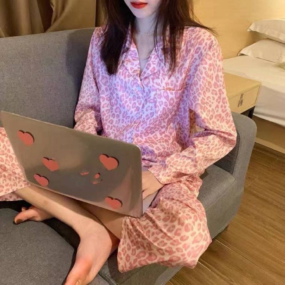 Pijamas Para Mujer Conjunto De Pijama De Poliéster Con Solapa Con Estampado De Leopardo Rosa Para Mujer Pijama De Manga Larga Simple Regular Suelto Para Mujer Conjunto De Dos Piezas Regalo De Festi