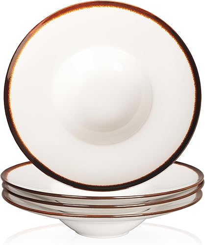 Creativity Home Tazones de sopa plato de sopa de 7 onzas, juego de 4 platos blancos poco profundos, cuencos de porcelana con borde, aptos para