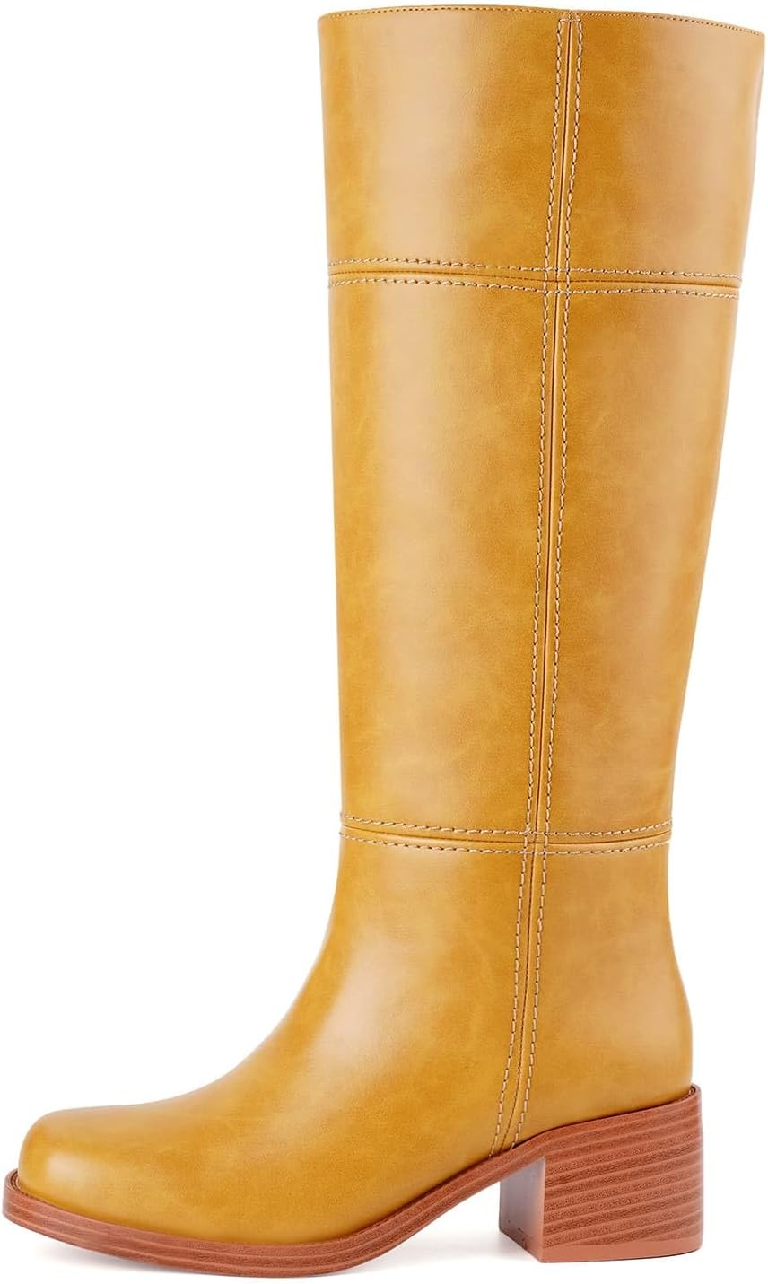 DREAMSTORY Knee High Boots for Women Square Toe Chunky Block Heel Tall Boots Comfortable Low Heel Pull On Mid-Calf Boot