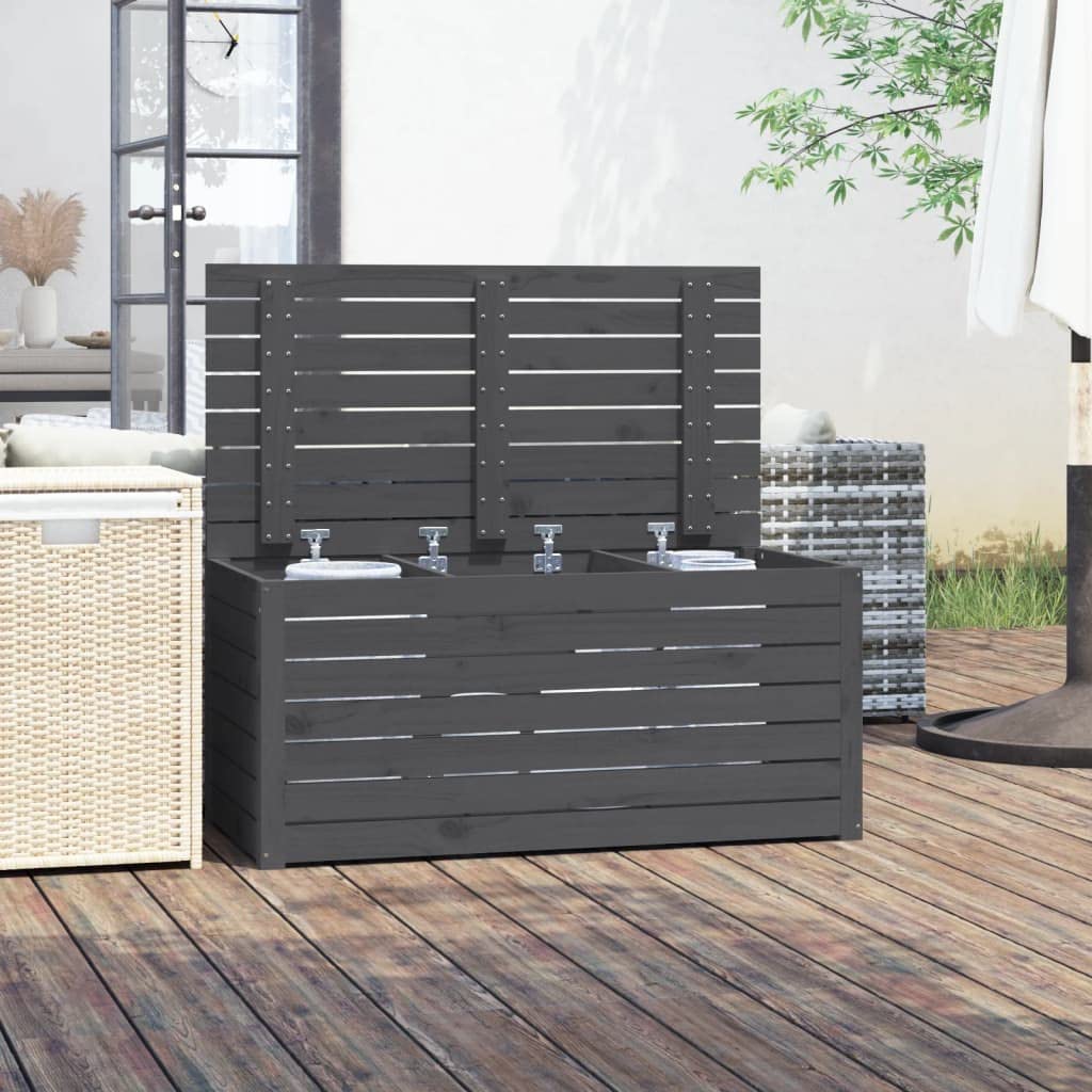Scatola da giardino grigia, 101 x 50,5 x 46,5 cm, in legno di pino massiccio, con coperchio, per cuscini, attrezzi da giardino e accessori, robusta scatola per esterni con molto spazio
