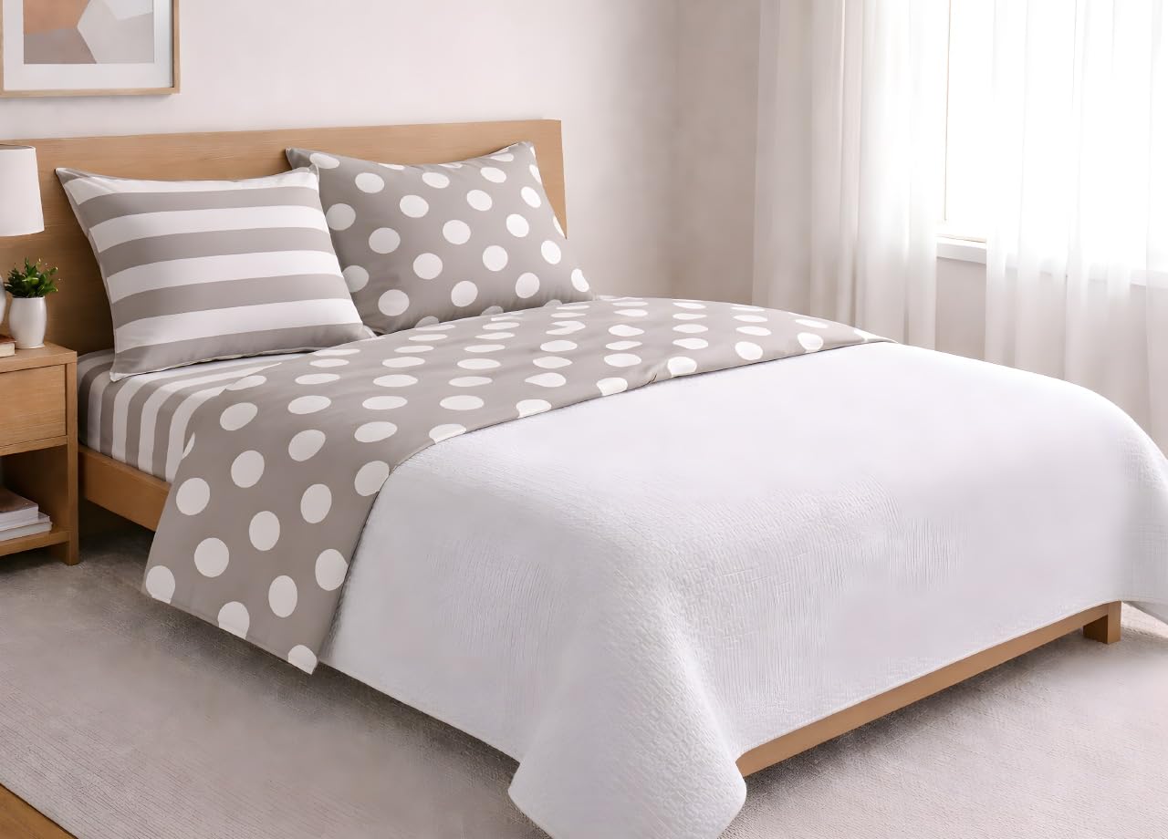 BIANCHERIAWEB Completo Lenzuola Letto in 100% Cotone Made Italy Disegno Pois Matrimoniale Beige