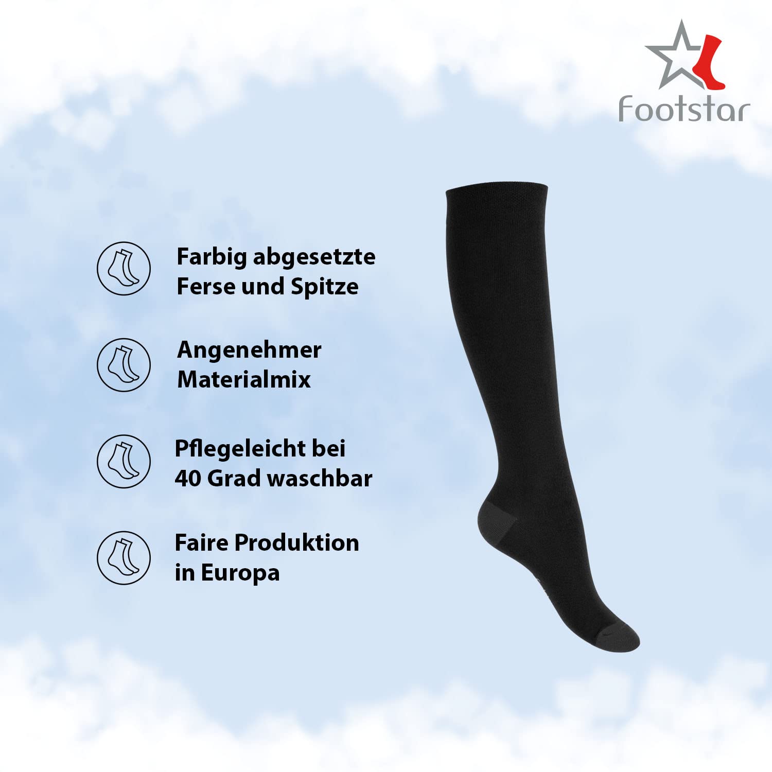 Footstar Kinder Baumwoll Kniestrümpfe (5 Paar) mit abgesetzter Ferse und Spitze