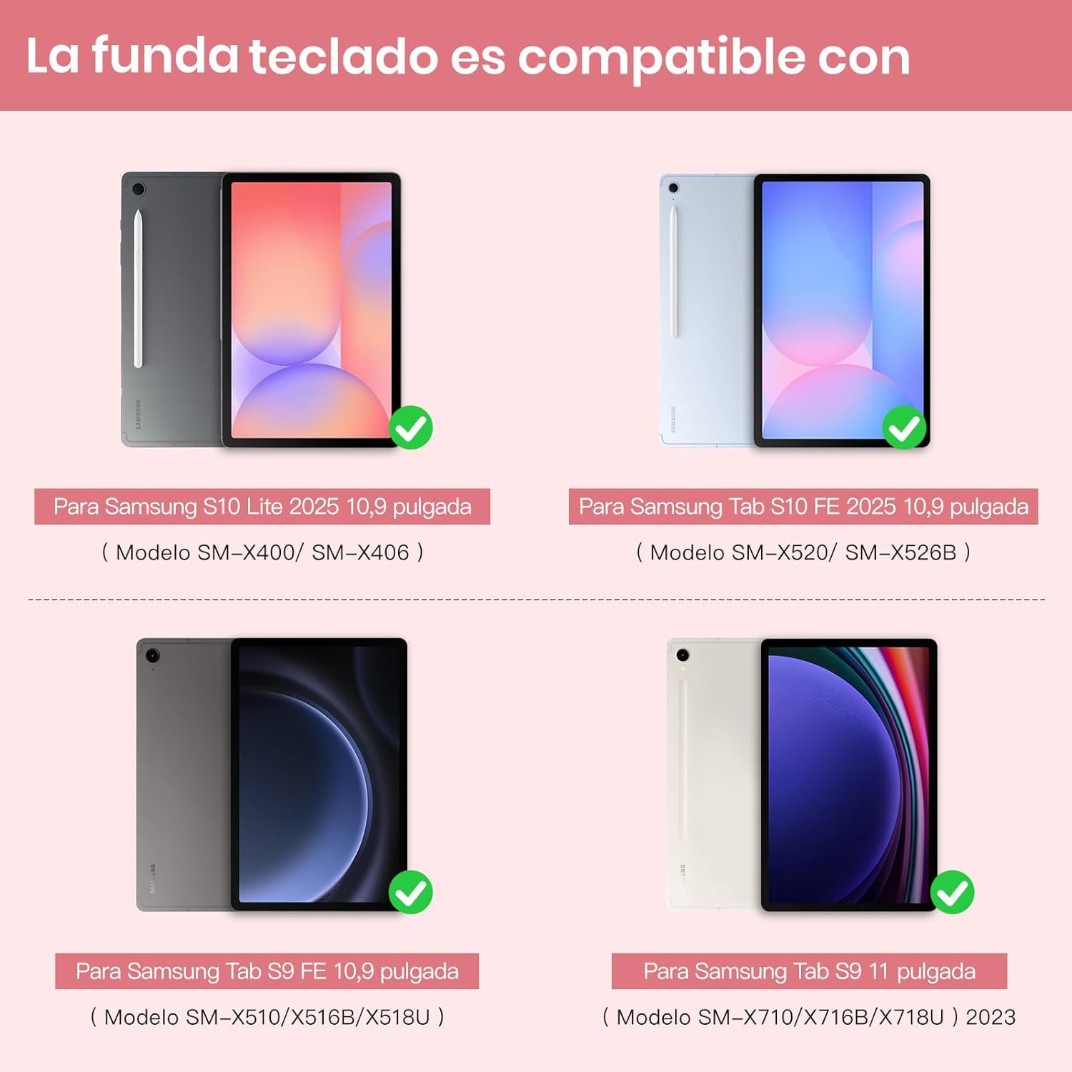 Funda con Teclado para Samsung Galaxy Tab S10 Lite 5G / S10 FE / S9 FE / S9 10.9" / 11" (2025/2023), Teclado Español Ñ Bluetooth Desmontable con Soporte Integrado para S-Pen, (Rosa)