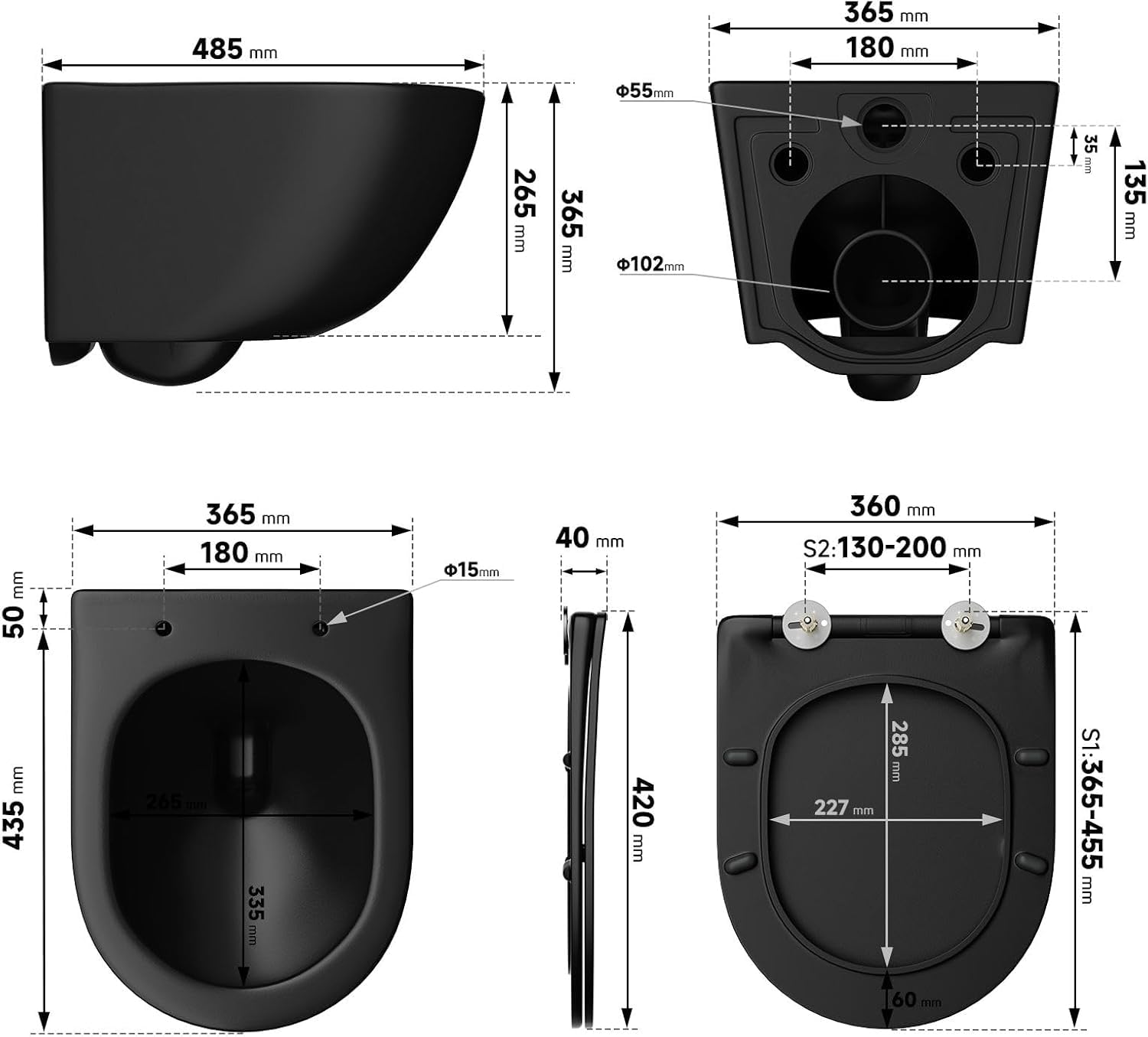 Rainsworth Hänge WC Spülrandlos Toilette - Starker Spülung, Kloschüssel inklusive WC-Sitz Absenkautomatik, Kompakt KeramikToilette, 48,5 cm lang, Einfach zu einigen, für Badezimmer-Aufstieg, Schwarz