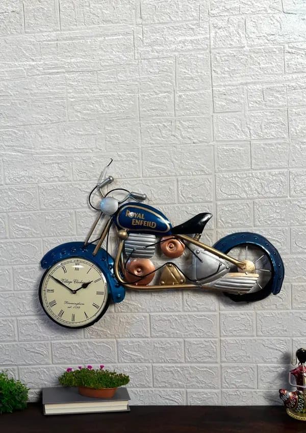 Image of Stylish Iron Metal Bike Wall Mount Analog Clock For Living Room And Home Decoratio (Blue, 28 X 23)