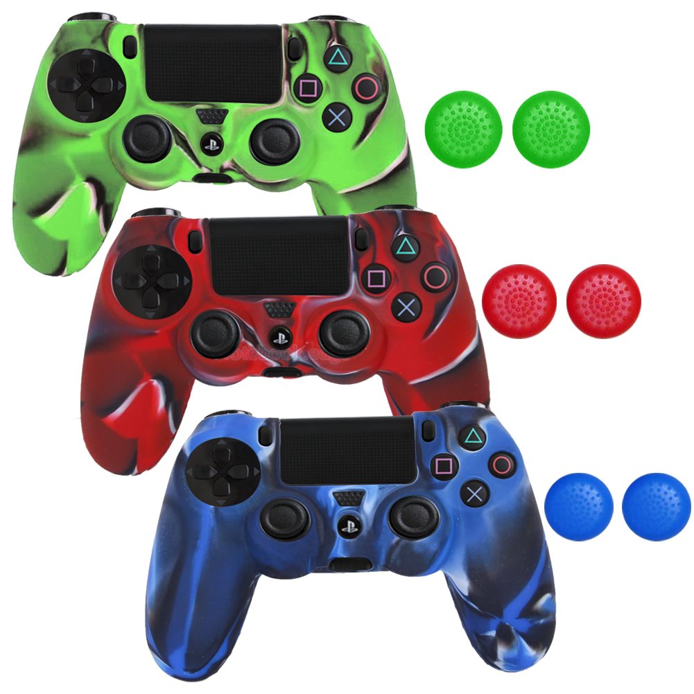 PlayStation-4 Controller Case RiverPanda Camo Series -3 Silicone Protection Case Skin for SONY PS4 DualShock Controllers with Grip -3 Pack (Blue / Red / Green)