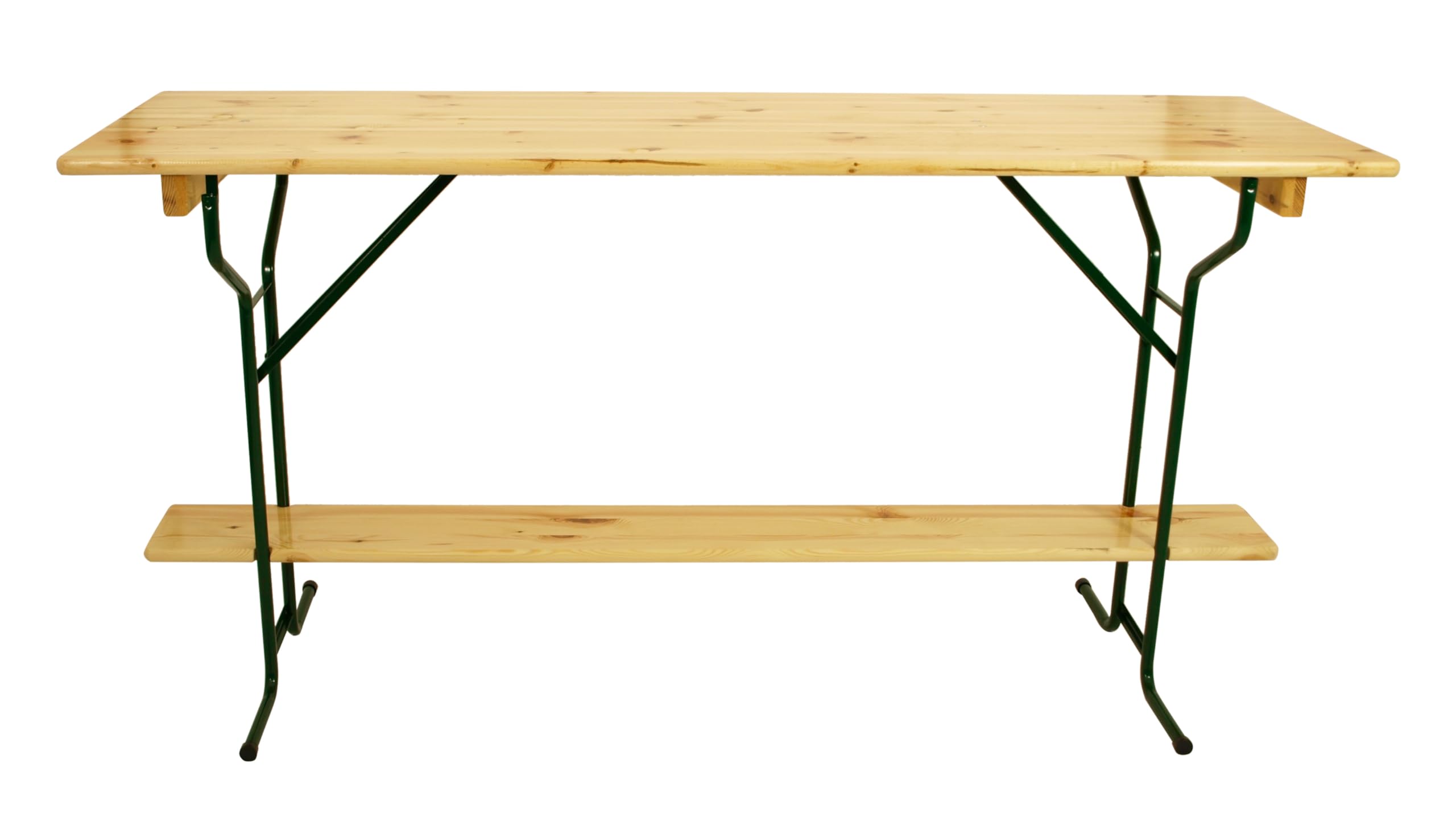 DEGAMO Stehtisch Bartisch Bamberg 70 x 220cm, Gestell Stahlrohr dunkelgrün, Tischplatte Kiefernholz transparent beschichtet, klappbar, Höhe 110cm