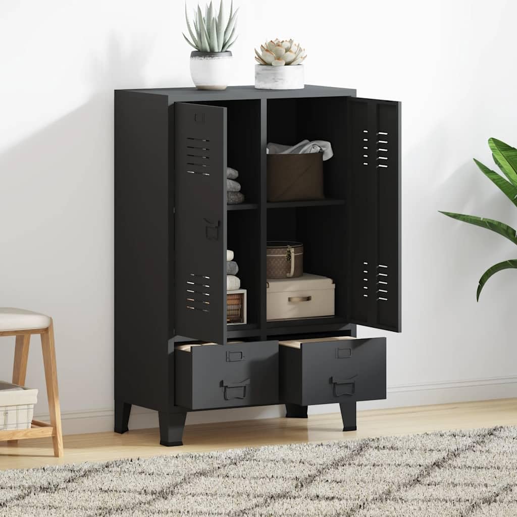 Garde-Robe Industrielle Anthracite en Acier 67x35x107 cm avec 2 étagères réglables et 2 tiroirs à glissières, Rangement Meuble lingère pour Chambre Salon entrée Bureau