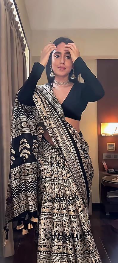 Women's Art Silk Cotton Kalamkari Print Saree with Blouse Piece, Traditional Indian Ethnic Saree, Lightweight Soft Fabric, Party Wear & Casual Wear, Jet Black & Beige, One Size