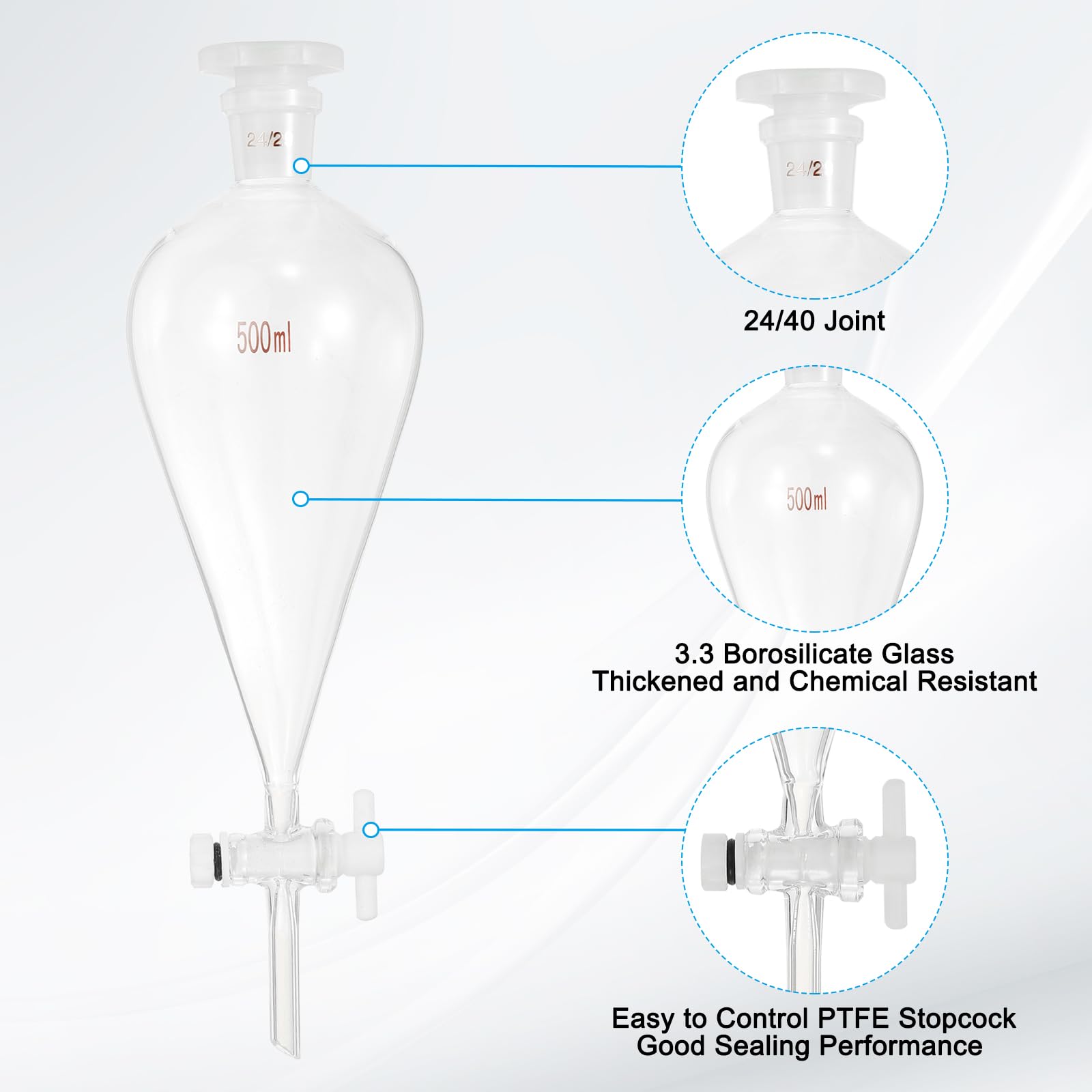 PATIKIL 500ml Konischer Scheidetrichter, Borosilikatglas Schwerwand Labor Scheidetrichter Mit 24/29 Schliff Und PTFE Hahn Für Titration Extraktion