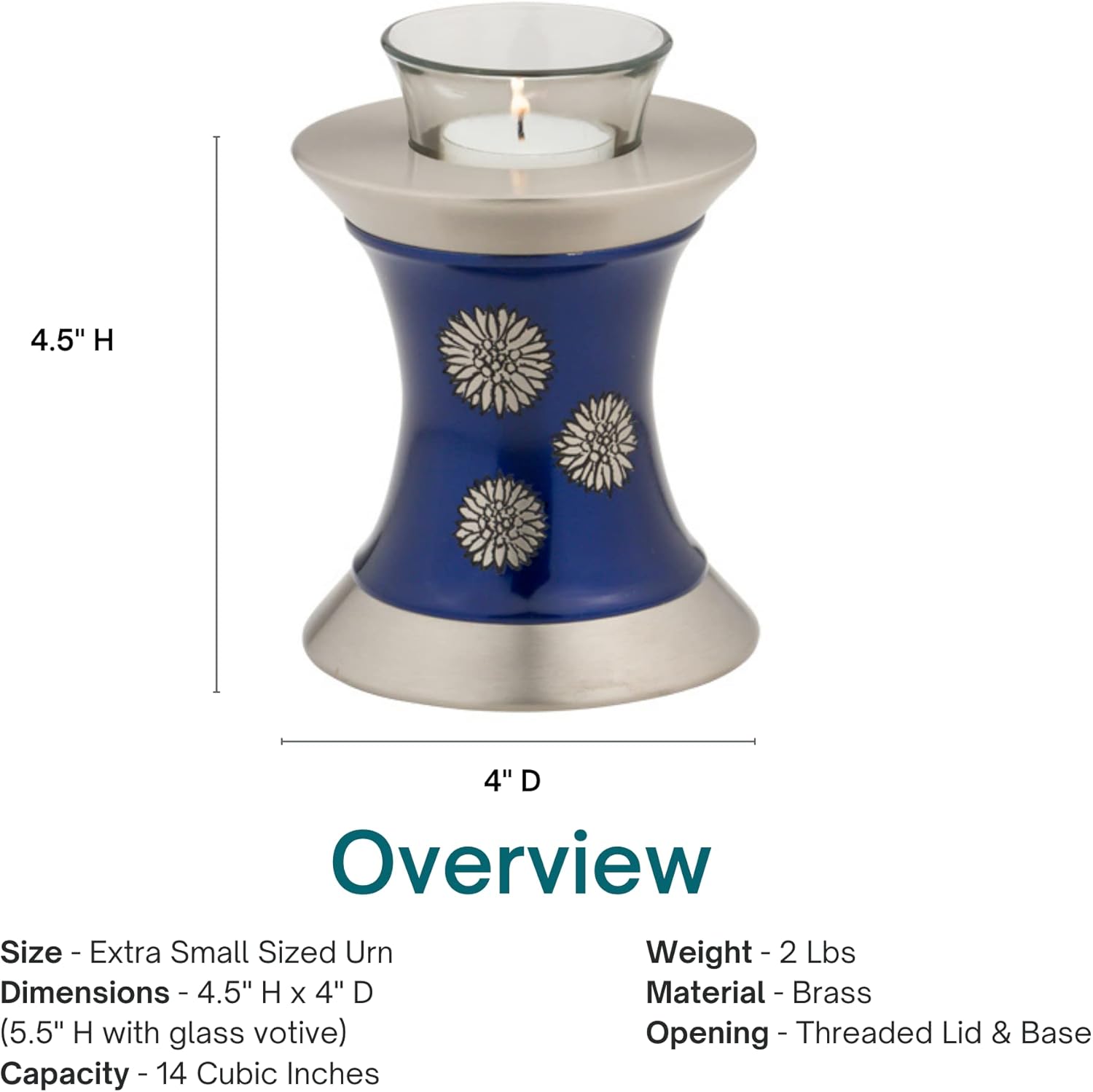 Flowers of Peace Tealight Urn for Ashes - Blue, Brass Memorial Candle Urn, Extra Small, 5.5 Inches High