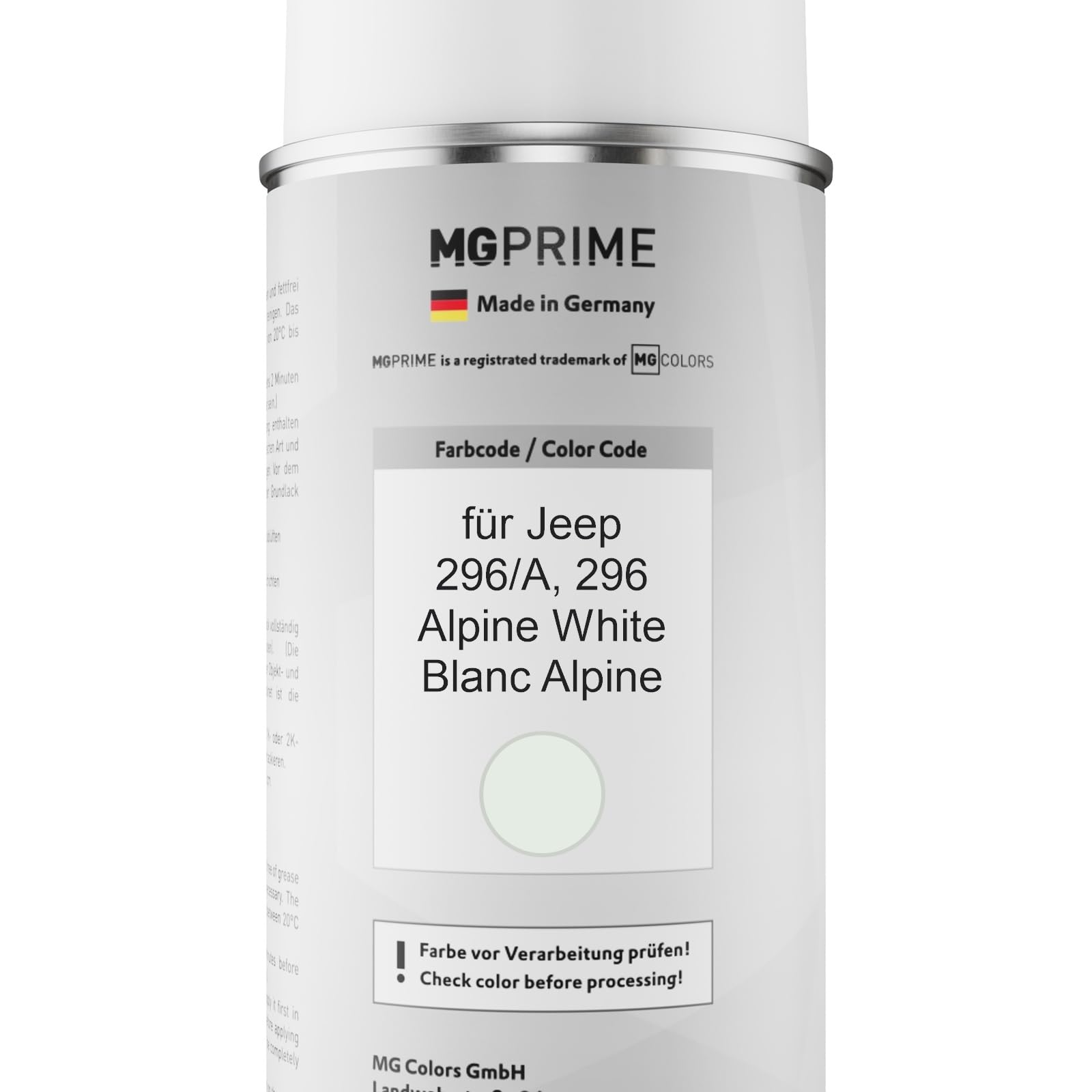 MG PRIME Vernice per auto Kit di bombolette a spruzzo per Jeep 296/A / 296 Alpine White/Blanc Alpine Bomboletta spray da 400ml di vernice di base vernice trasparente