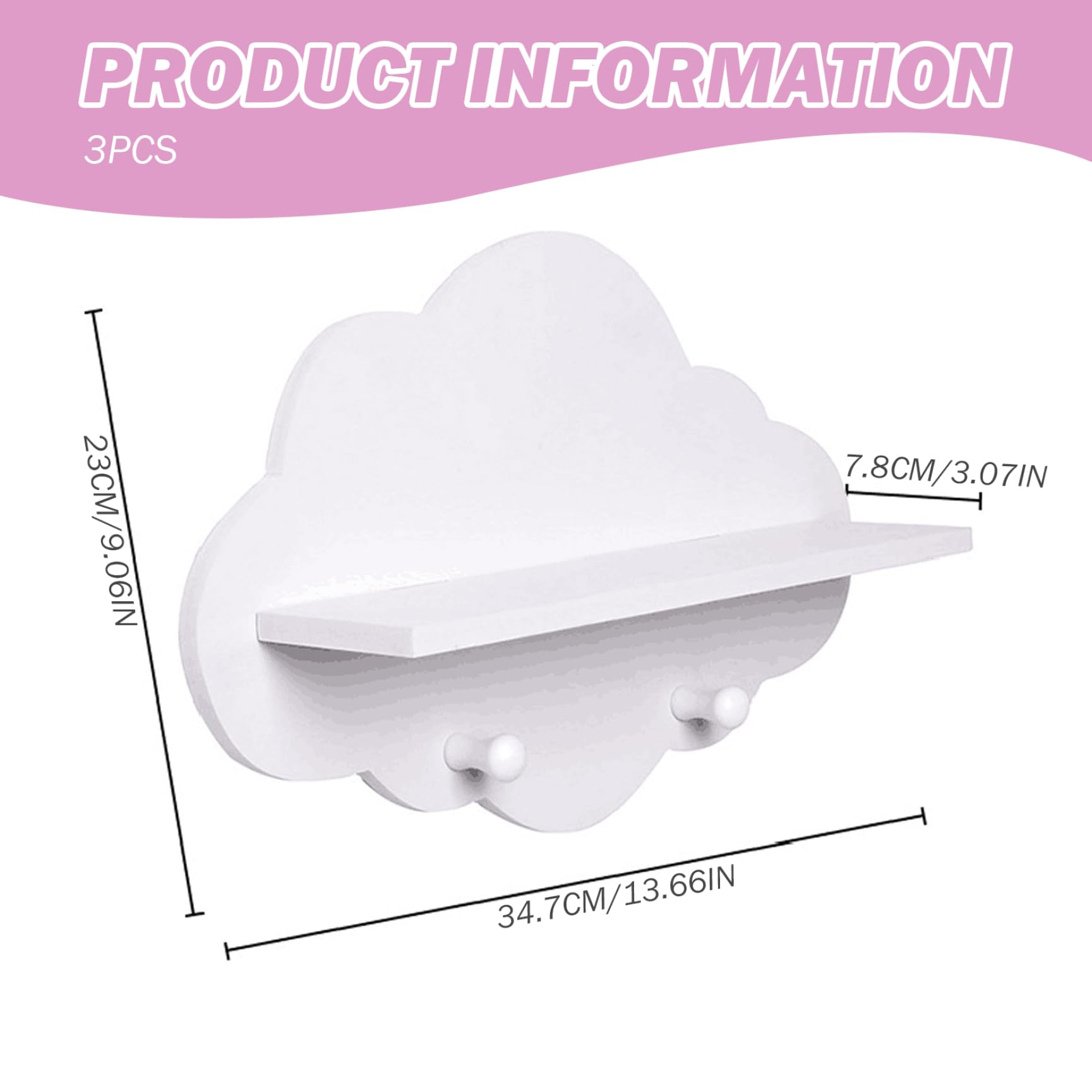 Set di 3 mensole galleggianti a forma di nuvola bianca, con appendiabiti, per cameretta dei bambini, accessori decorativi per mensole