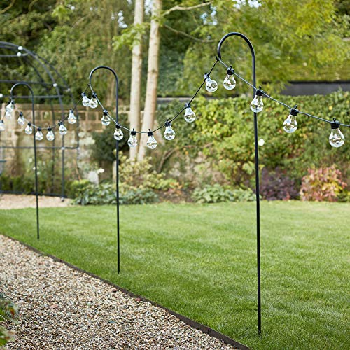 Lights4fun 1.6m Outdoor Black Metal Shepherds Hook Festoon Pole for Garden String Lights Weatherproof Powder-Coated Steel Hanging Pole with Ground Spike Easy Assembly for Garden Parties & Events
