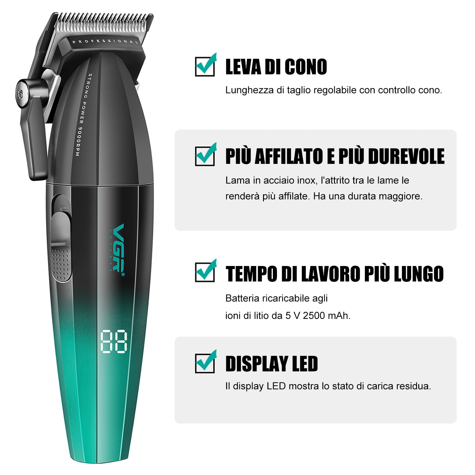 VGR Tagliacapelli Uomo Professionale Taglia Capelli Elettrico Senza Fili Kit Barbiere Macchinetta per Capelli 9000 Giri/min Set Taglia Barba e Capelli Uomo Senza Fili Ricaricabile, 9 Pettini Guida