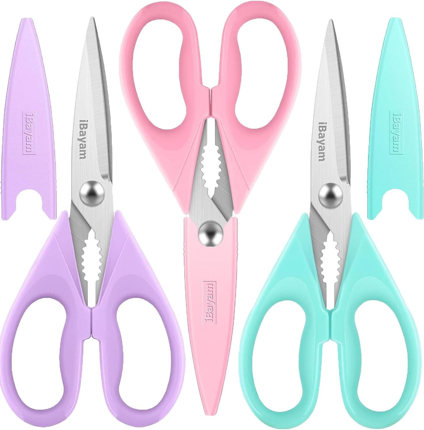 iBayam Kitchen Shears, Stainless Steel Scissors with Blade Cover, 3 Pack, Purple, Pink, Teal