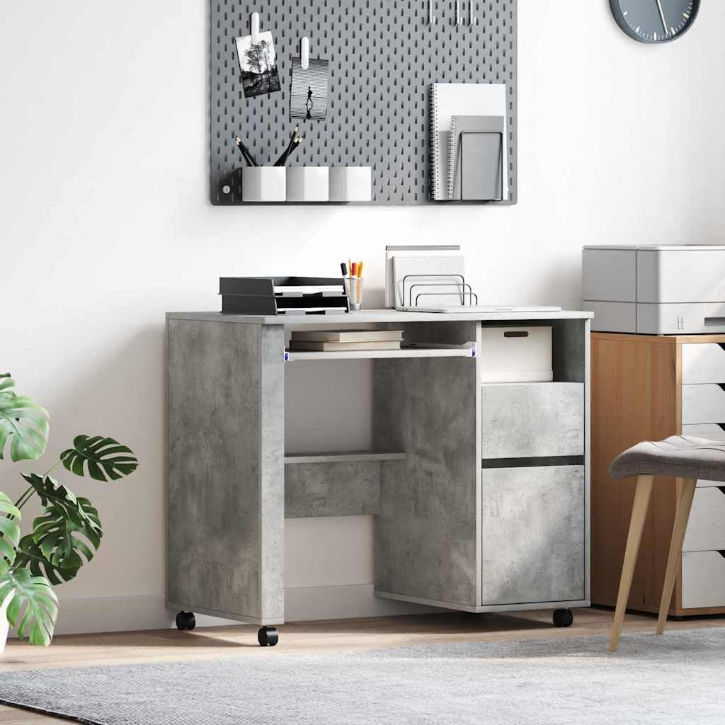 Scrivania Porta PC con Ruote 2 Cassetti 91x50x77 cm Grigio | Tavolo da studio salvaspazio per ufficio o camera con ruote bloccabili e vani portaoggetti.