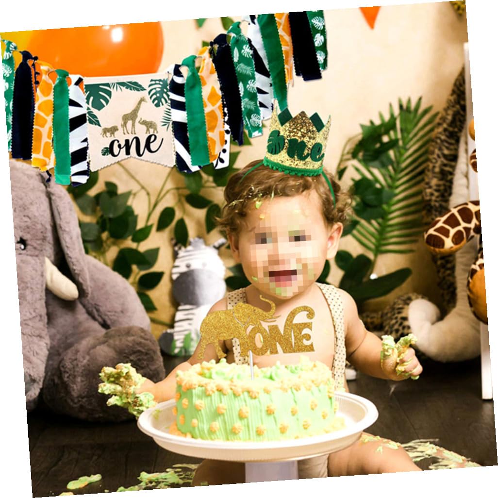 ifundom 2 Sets Babys 1. Geburtstag Hochstuhl Banner Kuchen Topper Krone Hut 1. Geburtstag Lieferungen Dschungel Tier Stil 3 Stücke * 2
