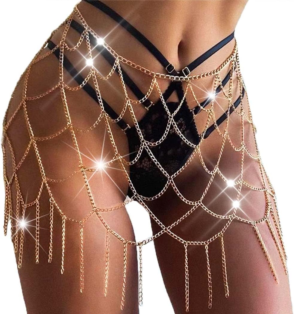 Body Chain Skirt Rave Outfits for Women Gold Chain Skirts Mesh Belly Shirt Jewelry Bikini Waist Hip Chain