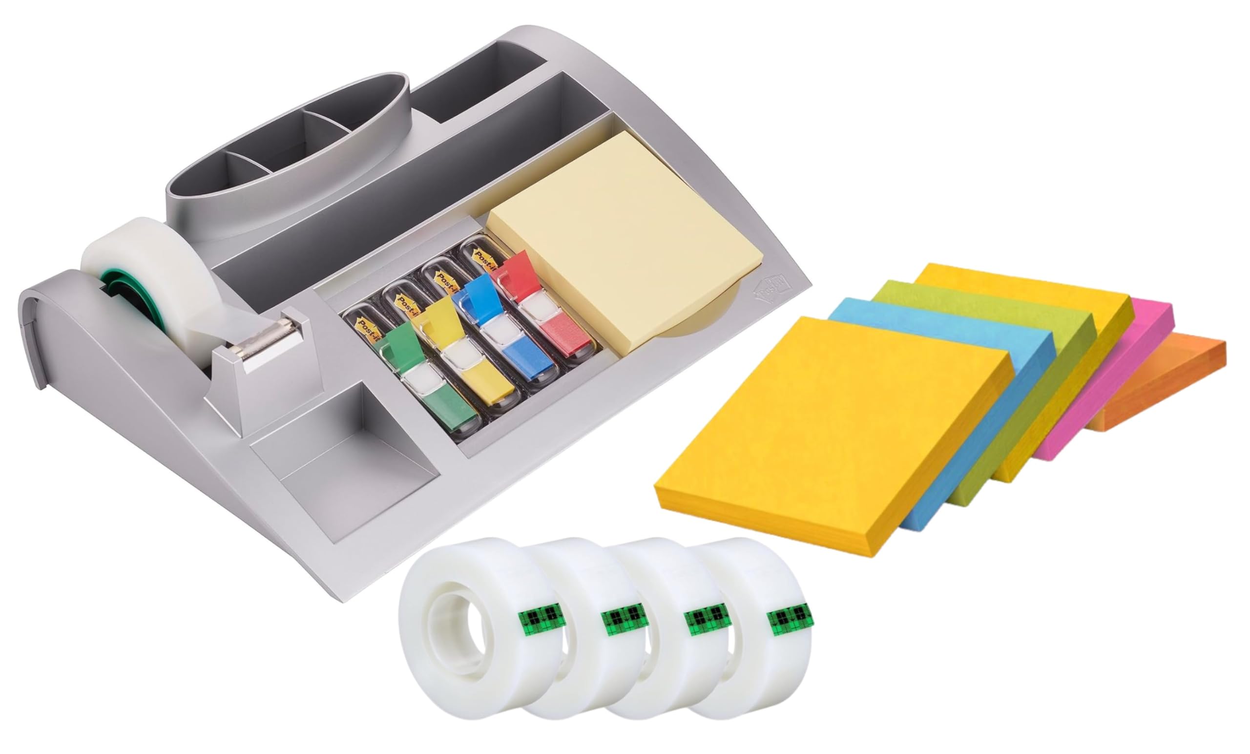 Post-it Organisateur de Bureau Argenté avec Bloc Notes Jaune Canari, 6 Blocs Post-it Super Sticky Couleurs Carnival 76x76 mm, 4 Rouleaux Ruban Scotch Magic 19 mm x 33 m – Fournitures Bureau
