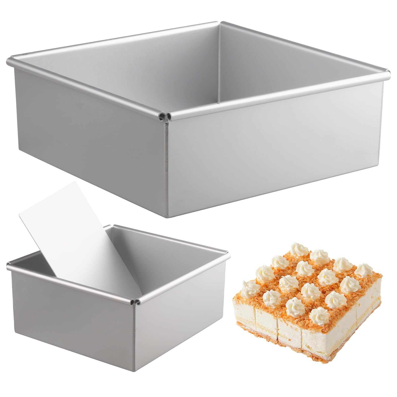 Quadratische Kuchenform, Kuchenform Eckig, 2er Set (8 Zoll & 6 Zoll) aus Eloxiertem Aluminium mit Abnehmbarer Boden und Antihaftbeschichtung, Backform für Schichttorten, Brownie, Käsekuchen