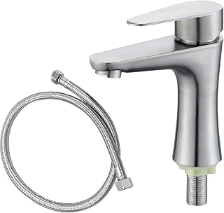 Grifo de Agua Fría de Acero Inoxidable, Grifo de Baño, Mezclador de una Sola Palanca Acero Inoxidable 304, con Tubo de Conexión de 80 cm, para Invitados, Baño, Cocina