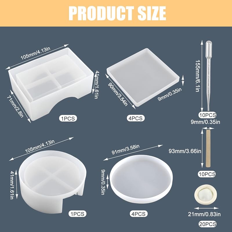 UGBO Szilikon Öntőforma Szett Poháralátét Készítéshez - Epoxi Gyanta DIY Forma 10 Darabos Kerek Négyzet Alakú Kreatív Kézműves
