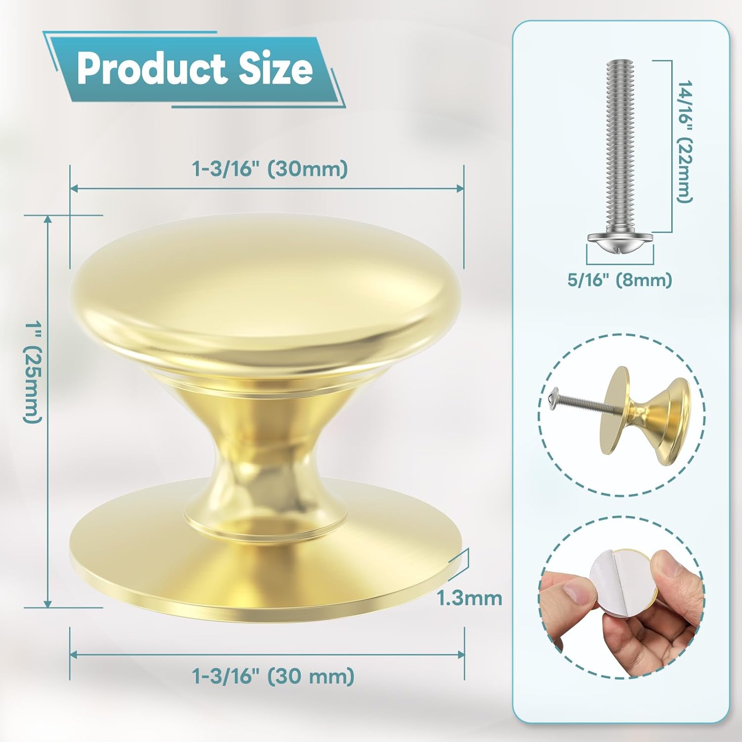 Self Adhesive Cabinet Knobs, Aluminum Alloy Self-Stick Drawer Pull Handles for Sliding Glass Door, Cabinet, Cupboard, Dresser, Closet, Window - Stick On No-Drilling Drawer Knobs (4, Gold)