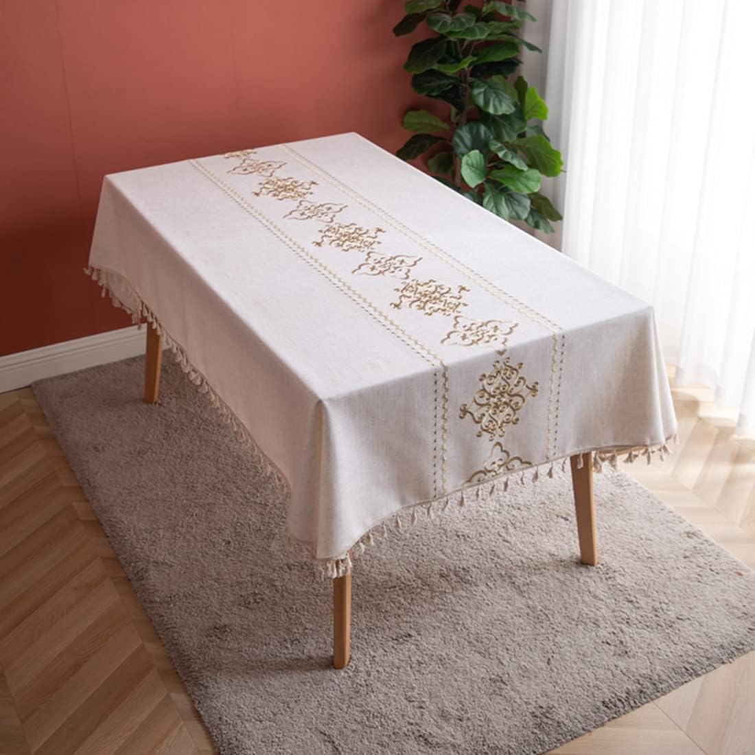 Bringsine Washable Cotton Linen Solid Design Tablecloth,Rectangle Table Cloth Cover for Kitchen Dinning Tabletop Buffet Decoration Auspicious Clouds Gold(Rectangle/Oblong,55 X 102 Inch)