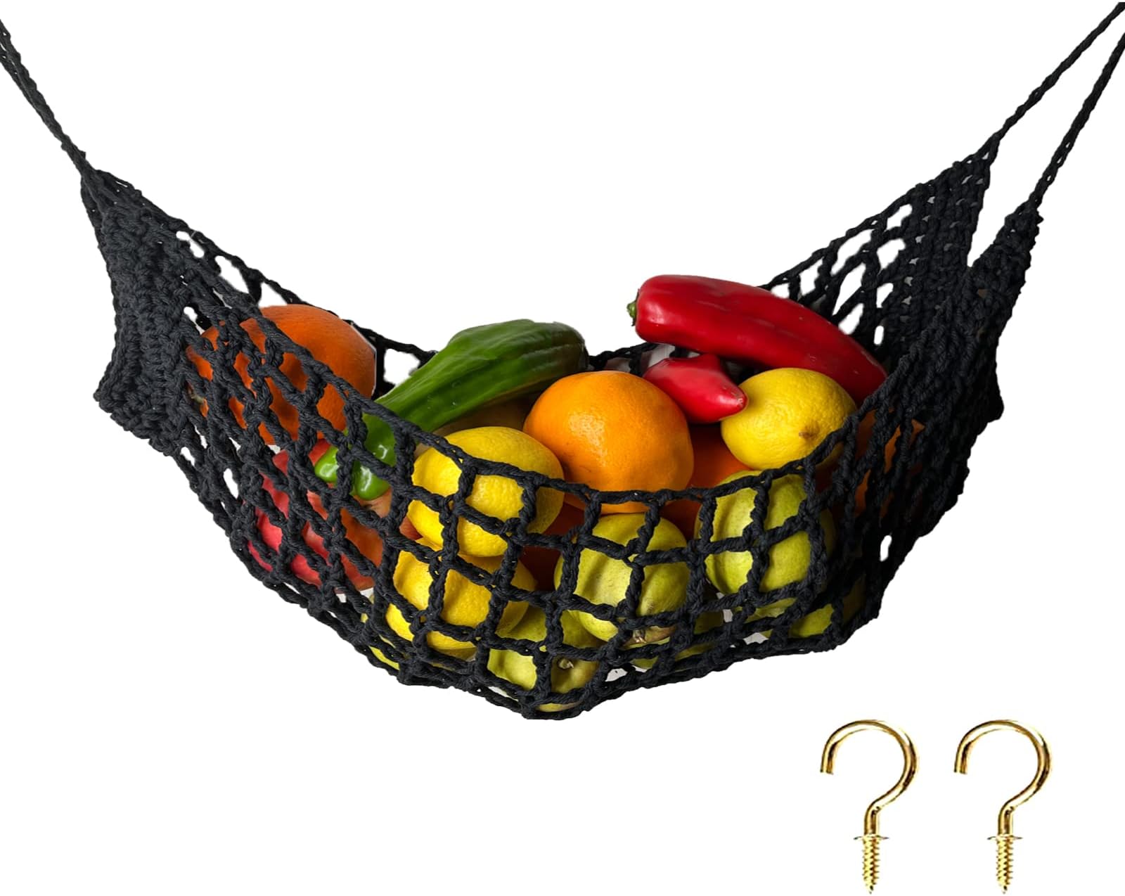 Large Macrame Fruit Hammock Under Cabinet,Veggie Banana Hammock Hanging Fruit Basket,Saves Counter Space for Kitchen Boat Rv Camper (black)