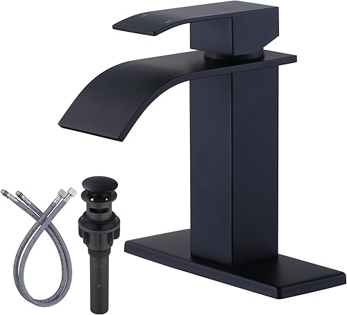 ARCORA Grifo de baño en cascada negro mate para lavabo de baño, grifo mezclador de una sola manija, grifo de tocador con placa de cubierta y drenaje