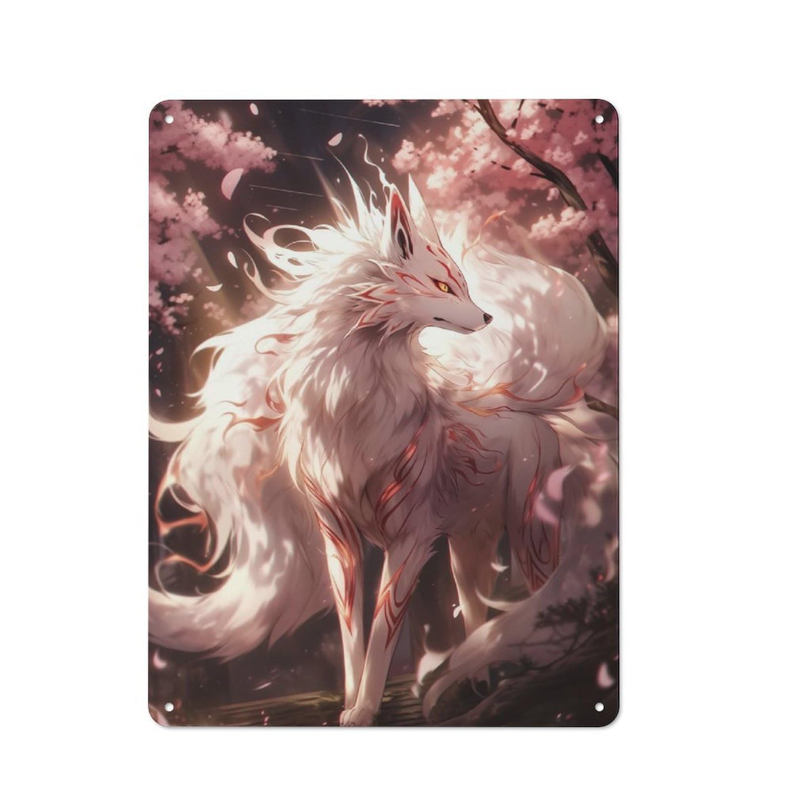 Junmoney White Sakura Kitsune Classic Metal Wall Decor 40X30cm, Tin Sign For Bar, Kitchen, Garage Or Games Room