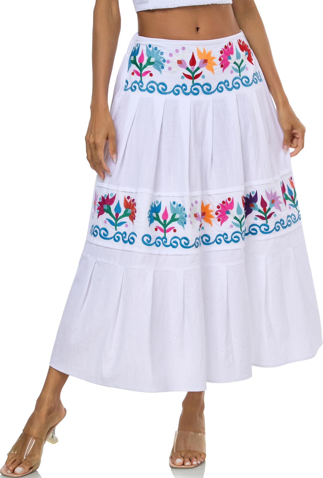 YZXDORWJ Mexikanische Röcke für Damen, Blumenstickerei, Maxirock, traditionelles Kleid, Fiesta-Outfit