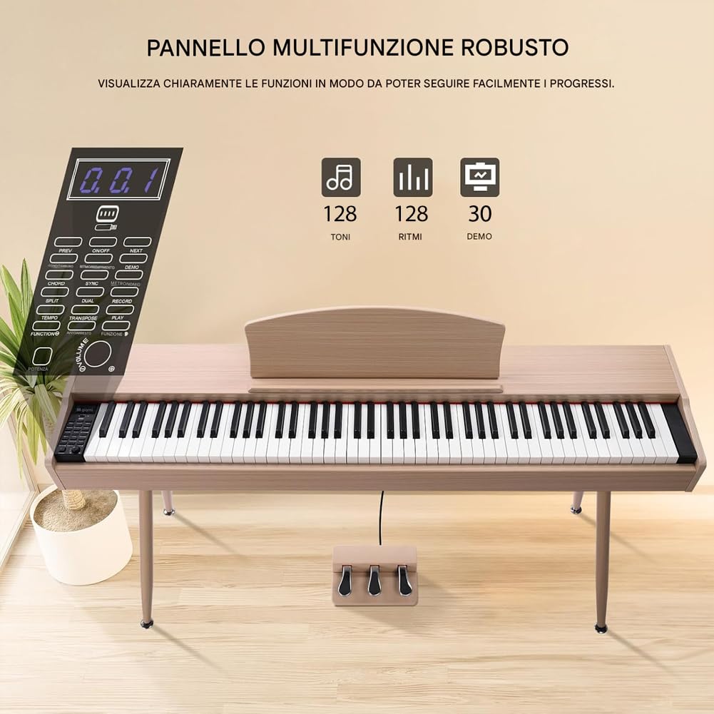 BAKAJI Tastiera Musicale Elettrica con 88 Tasti Semi-Pesati con Pedaliera a 3 Tasti, Pianoforte con 128 Toni e 30 Brani Demo, Strumenti Musicali con Uscite per Cuffie, Connessione USB e MID (Naturale)