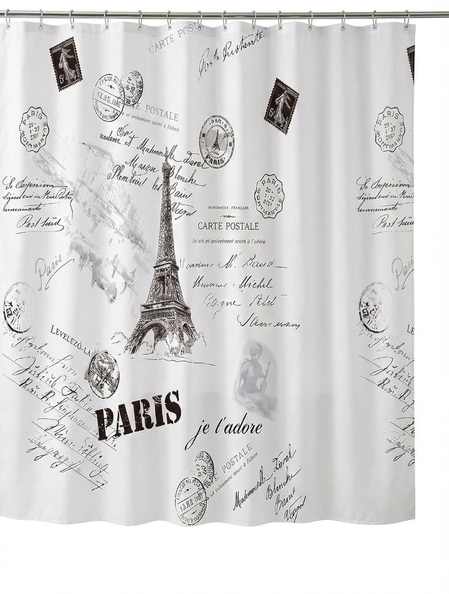 Kikzi® Luxury Hotel Quality Fabric Shower Curtain, Soft-Touch Woven Textile with 12 Hooks, Mould Proof & Water Repellent, 180x180cm, Machine Washable (French Script)