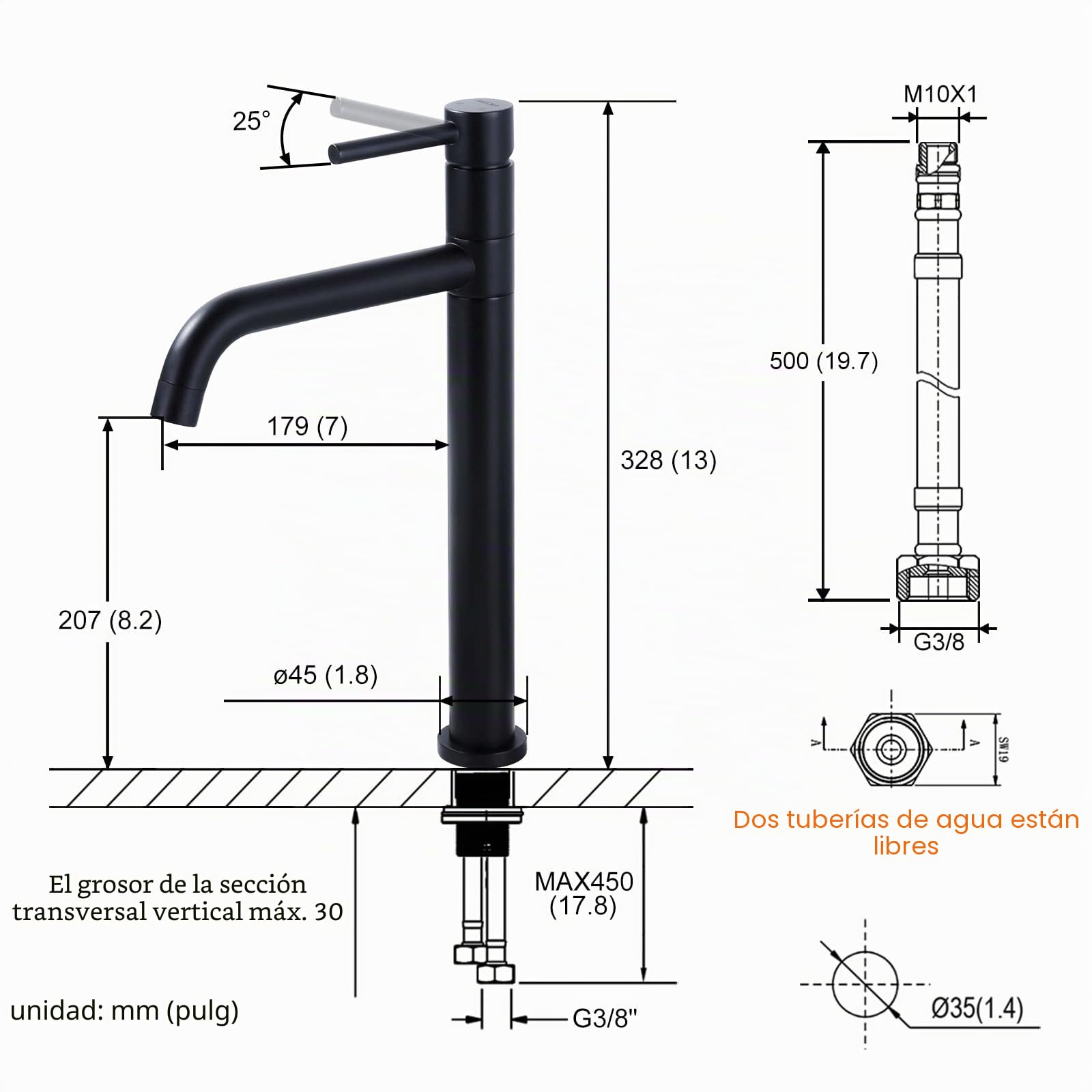 ARCORA Grifo de Lavabo Elevado, Grifo de Baño, con Aireador Extraíble y Cartucho Cerámico, Giro de 360°, Salida de Agua Fría y Caliente Regulable, para Lavabos Elevados de Baño, Negro