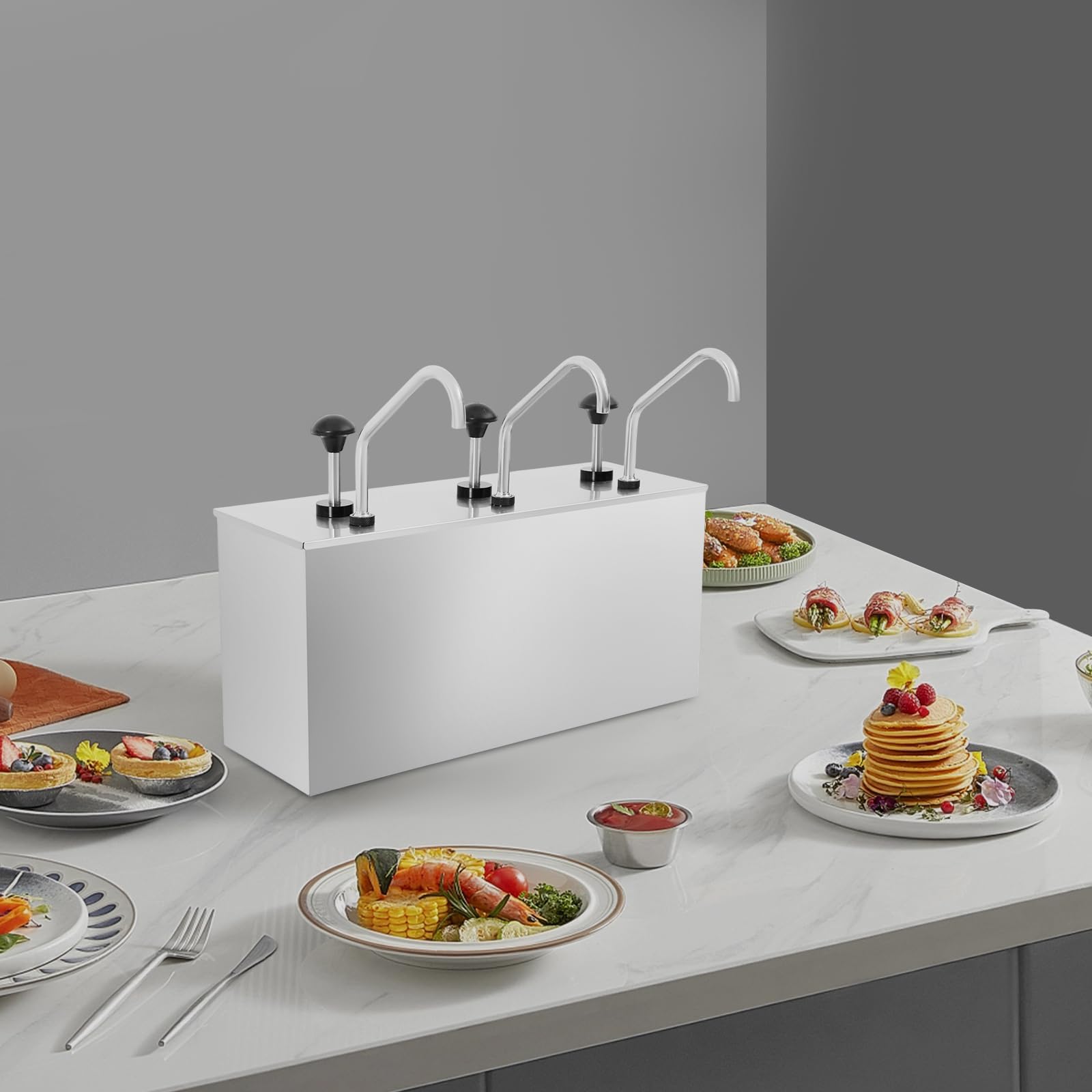Dispensador de salsas de acero inoxidable, 3 cabezales, 4 L, dispensador de salsas, bomba de especias, bomba para salsas, para aderezos para ensaladas, vinagre, salsa de soja, ketchup, 54,4 x