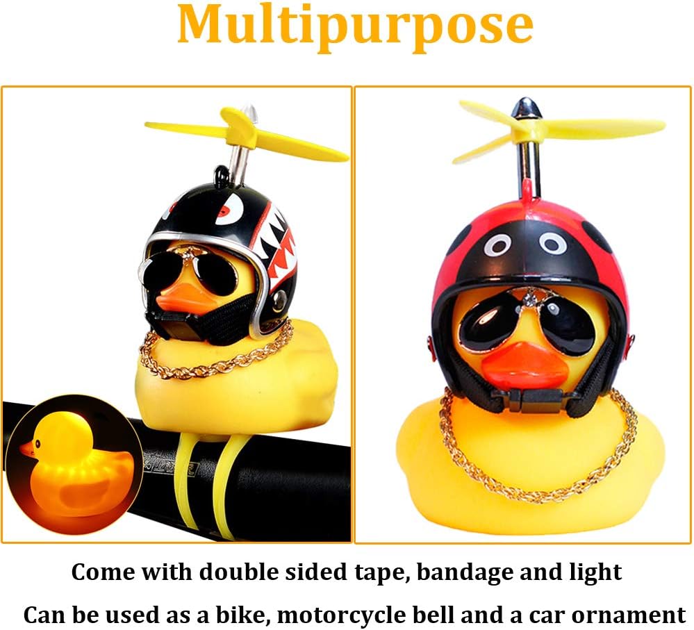 wonuu Duck Bike Bell with Light and Propeller Helmet Cute Ducks Bicycle Horn, Car Dashboard Decoration Squeeze Rubber Duck Motorcycle Bike Bells Ornaments (Black 8&Ladybug&Shark) image 2