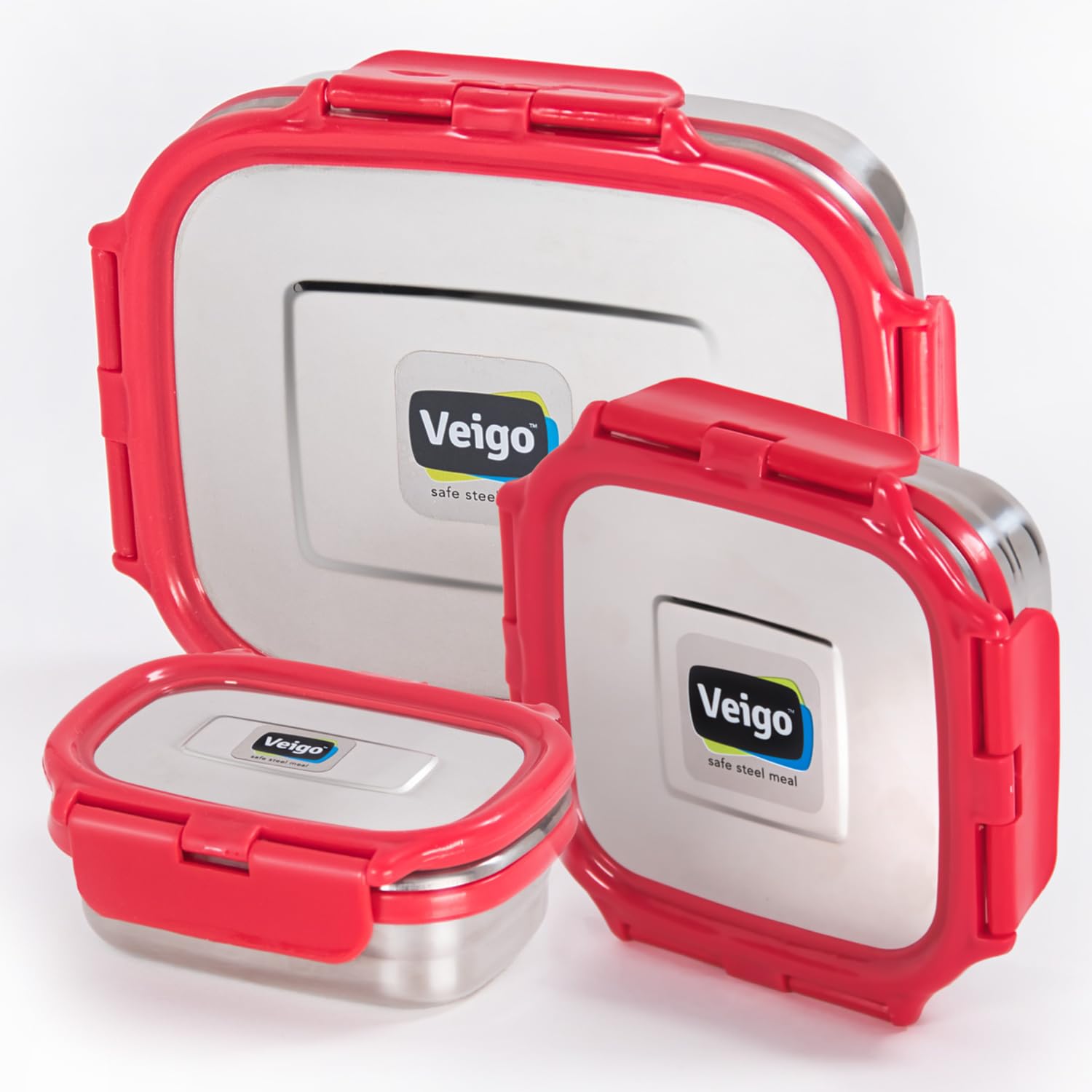 Veigo Steel Lunch Boxes for Office Men, Tiffin Box for Office Men, Lunch Box for Kids | 1140 ml Capacity | Includes 630 ml, 330 ml, and 180 ml Containers | Leakproof & Airtight | Red