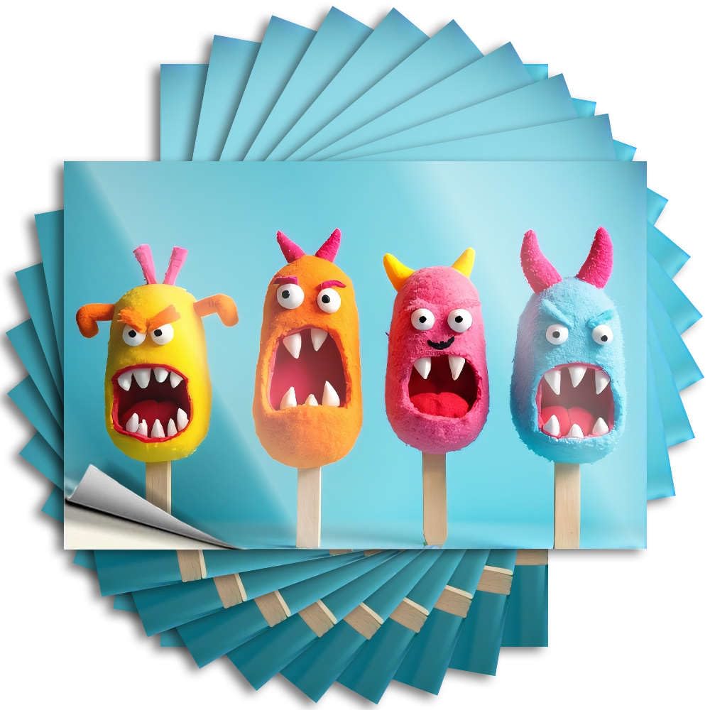 Decal Metal, Darts Water Colorful Monster Popsicles with Expressive Faces. | Work Desk Decor(8X12CM)