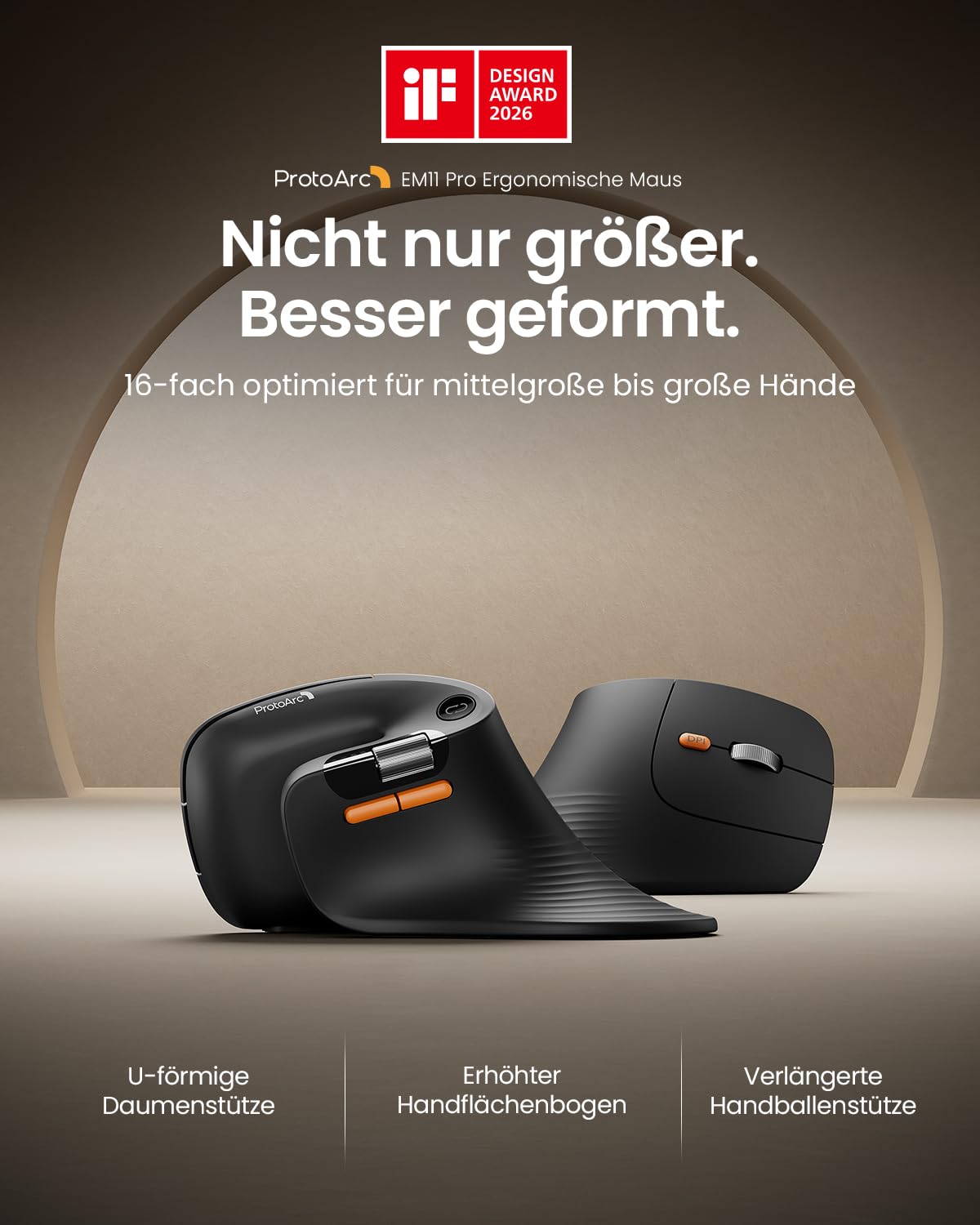 ProtoArc EM11 Pro Ergonomische Vertikale Maus mit Seitenscroll, Anpassbare Tasten, 2*Bluetooth + 2,4G Kabellos, Wiederaufladbar, Vertikal Funkmaus für Büro PC/Mac/Windows/Linux
