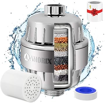 Shower Filter, 15 Stage Shower Head Filter, Hard Water, High Output Shower Water Filter with 2 Replaceable Filter Cartridges, Reduce Chlorine, Dry Skin, Scalp Itching, Chrome