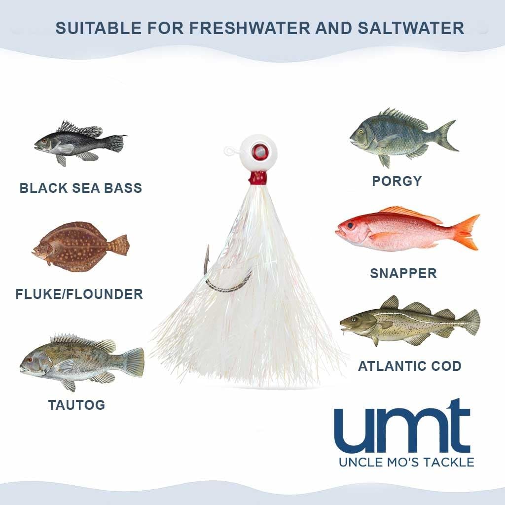 UMT Mylar Bucktail Fluke Ball Jighead for Saltwater Fishing 2oz, 3oz, 4oz - White - 6/0 Mustad Hook, 3D Eye – Flounder, Porgies, Sea Bass, Blackfish Tautog & Bluefish