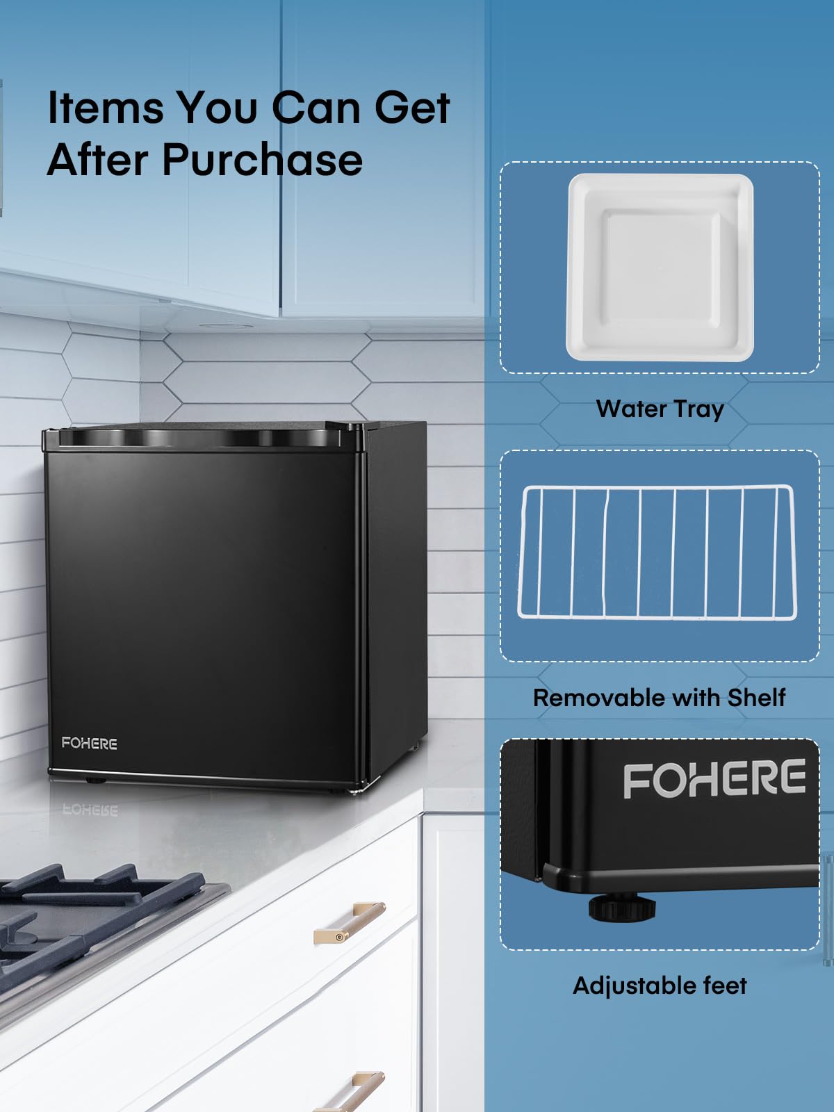 FOHERE Mini Frigorífico Bar 46L, Nevera Pequeña Silencioso, Control de Temperatura Regulable, Mono Puerta, Puerta Reversible, Bajo Consumo para Aplicaciones en Hotel, Hogar, Oficina, Negro