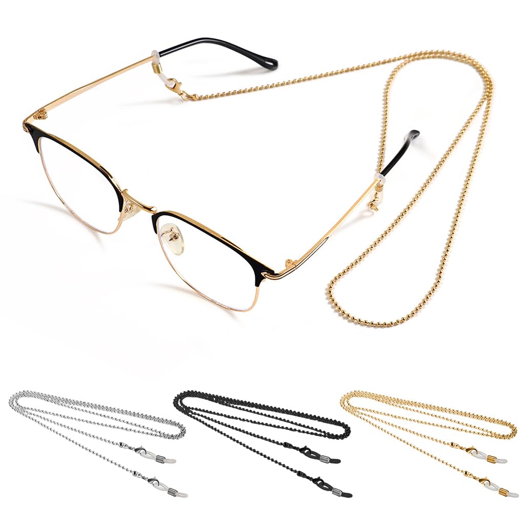 3PC Elegant Glasses Chains for Women, Retro Sunglass Strap Set with Adjustable Loops, Lightweight Anti-Slip Eyeglass Holders, Durable Metal Beaded Design for Reading Glasses and Fashion Use