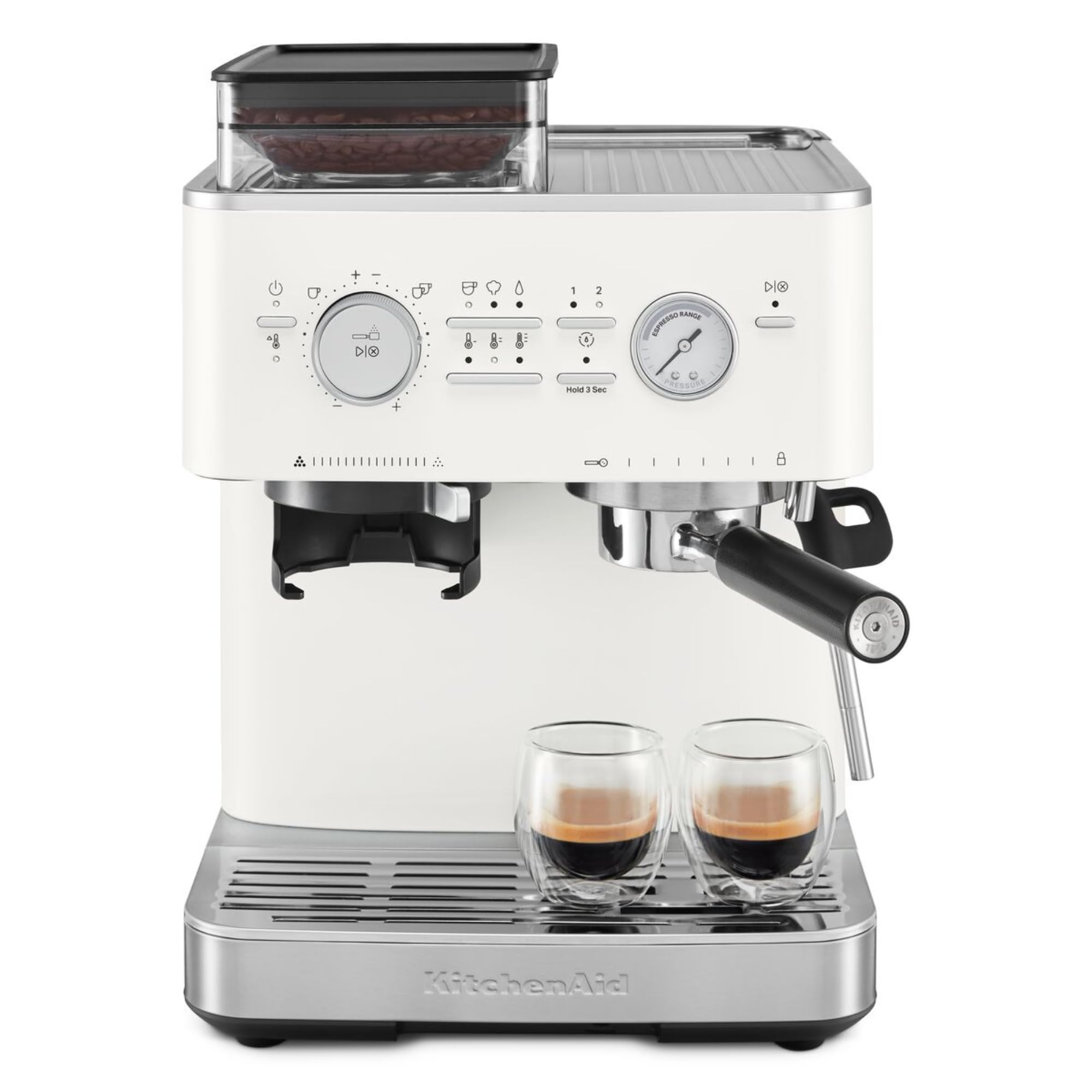 KitchenAid Kaffeemaschine mit Mahlwerk Halbautomatische Espressomaschine Milchschäumer Milchkännchen Bohnenbehälter Weiss