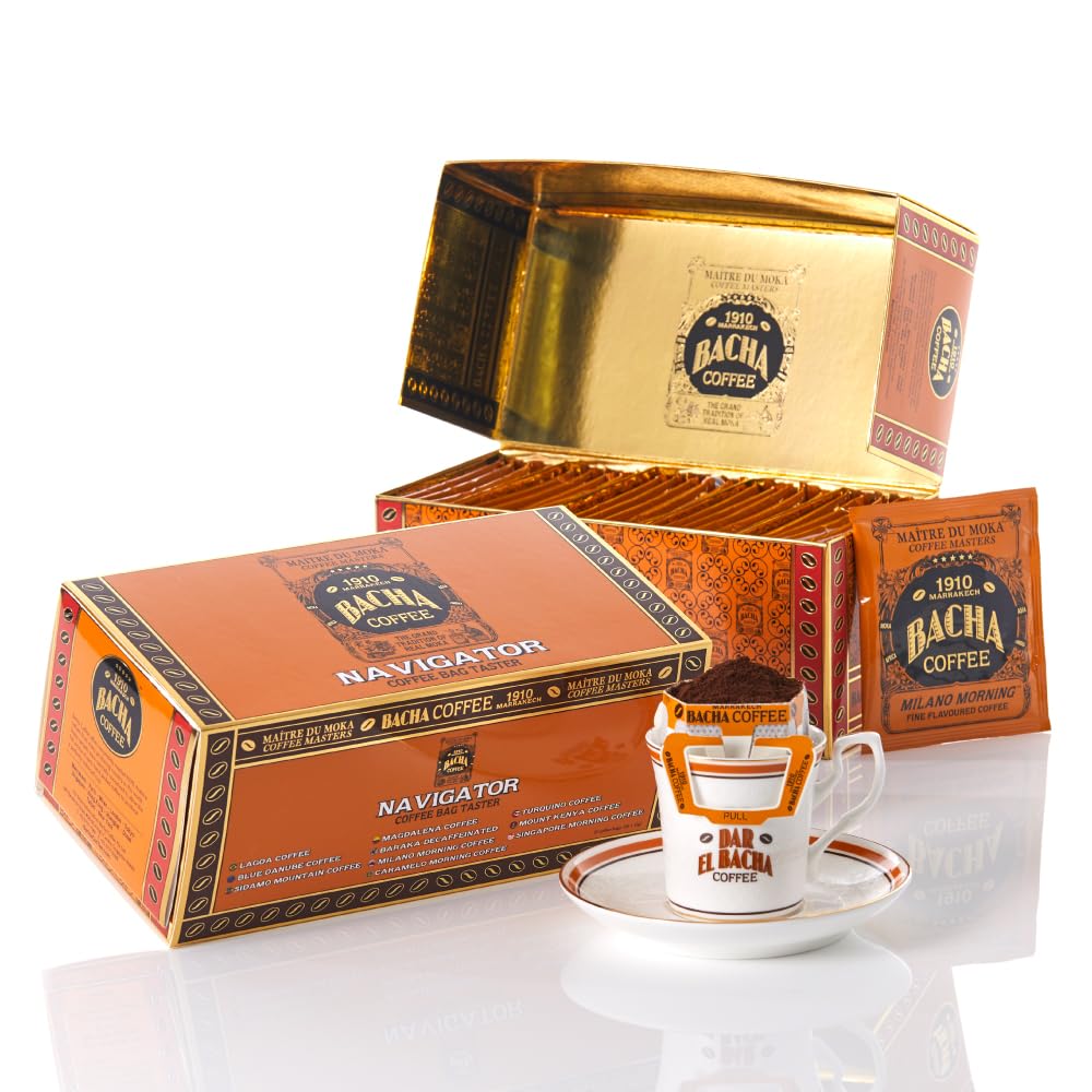 Bacha Coffee - Café Coffret de Dégustation Navigator - 25 Sachets 12g | Arômes Délicats, Origine Unique et Décaféiné - Cafés 100% Arabica - Sachets avec filtre intégré - Coffret Cadeau