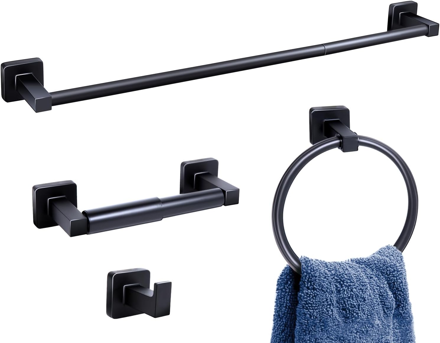4-PCS Bathroom Hardware Set, 24inch Matte Black Bathroom Hardware Set, 304 Stainless Steel Towel Racks for Bathroom Towel Holder, Wall Mounte Towel Bar, Toilet Paper Holder, Towel Ring Robe Towel Hook