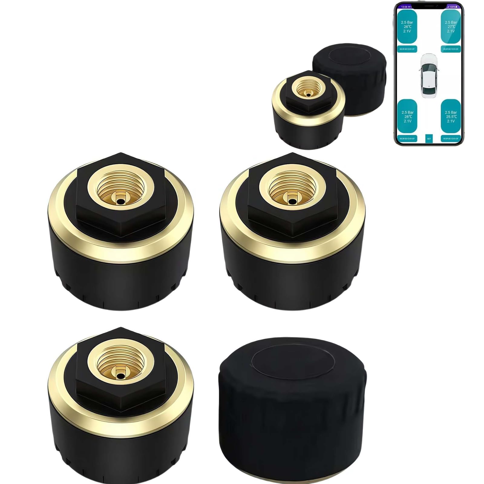 Système de surveillance de la pression des pneus, capteur de pression des pneus TPMS sans fil Bluetooth en temps réel pour voitures, vélos, moteurs, universel pour iOS Android (4 pièces)